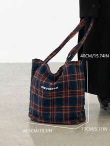 Campus 羊毛格纹单肩托特包，大容量通勤帆布包，适合大学生 - 彩色 - 查看 5