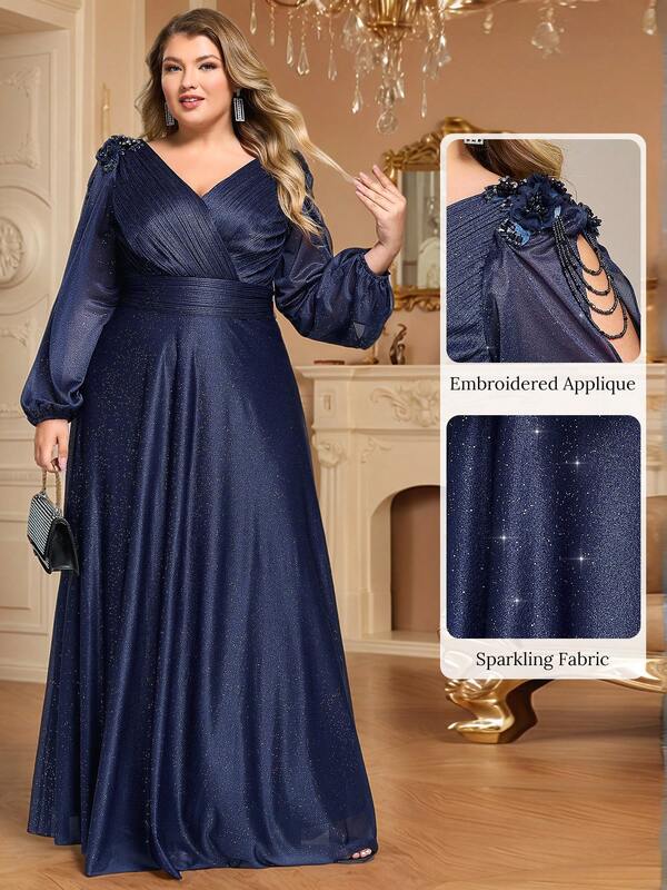 EVERPRETTY Plus Size Glitter Elegant Embroidered Applique Split Long Sleeve High Waist Evening Dresses Formal Dresses For Party Fall Wedding Guest Dresses