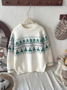 Weihnachts Mädchen Pullover, Neuer Herbst/Winter gestrickter Pullover für Mädchen, einfaches Weihnachtsbaum Stickerei Pullover, geeignet für den täglichen Gebrauch von Kindern, süßer Pullover - Beige - Übersicht 3