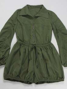 Women's Button Ruched Bubble Playsuits Long Sleeve Drawstring Shorts Shirt Jumpsuit Rompers One Piece Outfits, Spring Fall Winter Clothes - xanh quân đội - Xem 6