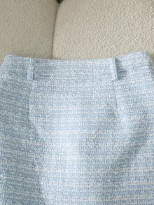 2 件套粗花呢短款夹克和迷你裙，仿口袋正面纽扣开合，优雅 - 淺藍色 - 查看 9