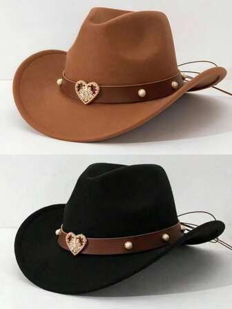 1pc Women's Fashion Solid Color Brim Felt Hat, Decorated With Brown Metal Heart Belt, Unique Western Cowboy Hat, Suitable For Outdoor, Party, Unisex