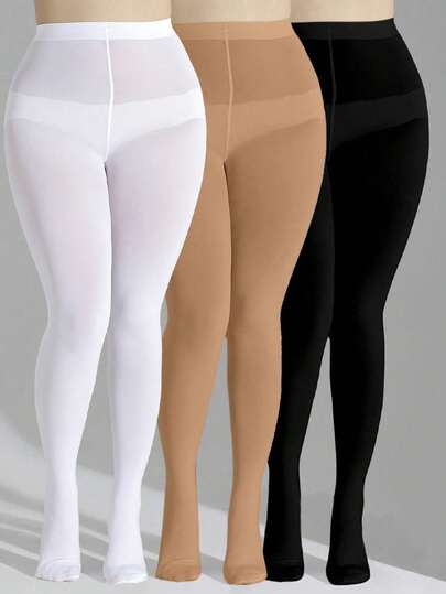 3 Pairs Women's Opaque Solid Color High Elasticity Leggings, Plus Size