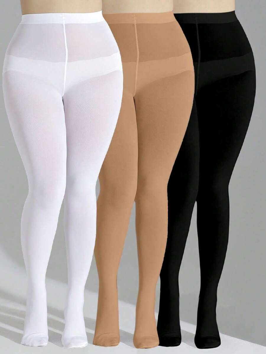3 Pairs Women's Opaque Solid Color High Elasticity Leggings, Plus Size