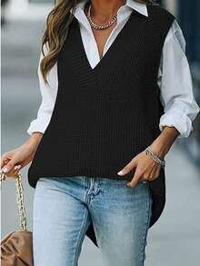 Plus Size Women Elegant Mature Fashion Sleeveless Pullover Sweater Vest, Minimalist Casual Daily Wear, V-Neck Knit Sweater, Suitable For Spring, Autumn, Winter - Black - View 3