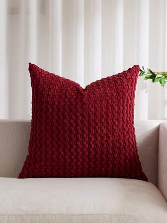 1pc Burgundy Bohemian Striped Throw Pillow Cover (Pillow Insert Not Included), Soft Plush Corduroy Solid Color Decorative Square Pillow Sham, Suitable For Holiday, Sofa, Bedroom, Bed, All Seasons