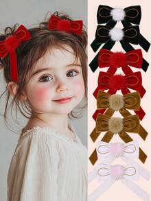 2/8pcs Velvet Hair Bows For Girls Brown Red Hair Clips With Tail Plain Bow Hairpins Vintage Barrettes For Autumn Winter Casual Daily Headpiece Kids Baby Hair Accessories - Multicolor - View 1