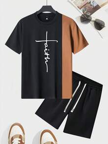 2pcs/Set Men's Summer Patchwork Short Sleeve T-Shirt And Shorts Set, Personalized Printed Pattern Contrast Color Casual Outfit With Pockets And Drawstring Waist Pants, Suitable As Gift For Husband/Boyfriend, For Street, Commute, Outdoor Activities, Vacation - Coffee Brown - View 2