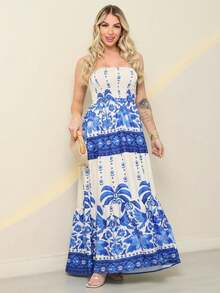 Look Of Millions!!! Long Strapless Dress With Floral Print - Màu xanh lam - Xem 3