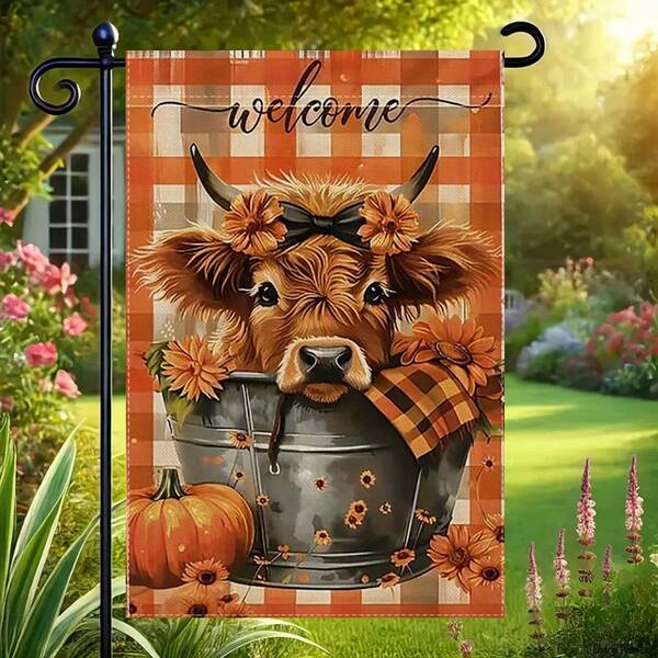 1pc Autumn Welcome Garden Flag: 12" X 18" Double-Sided Garden Flag With Highland Cow, Pumpkin And Sunflower - Perfect Choice For Autumn Decor