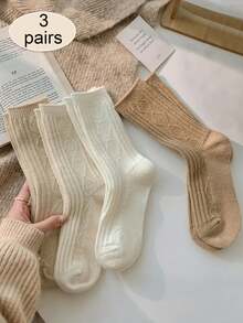 3 Paar Damen Dicke Warme Socken, Einfarbig Dicker Diamant Muster Vielseitige Haus/Innen Socken - Ungeformtes Körbchen - Übersicht 10