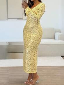Women's V-Neck Long Sleeve Fitted Sexy Lace Jacquard Dress, Suitable For Dates, Back To School Seasons, Formal Dinners And Other Occasions - Yellow - View 5