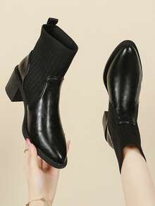 Botas Curtas de Malha e PU Recortadas Femininas, Botas Tipo Meia Estilo Fada, Bico Fino Salto Grosso Slip-On, Botas Tornozelo e Botinhas, Outono, Preto, Outono/Inverno