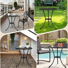 Mesa de bistró redonda negra de 60 cm para patio con diseño de tulipán antiguo, fabricada en aluminio fundido, orificio para sombrilla de 6 cm, almohadillas antiruido, resistente a la intemperie para porche, balcón y piscina - Negro - Ver 6