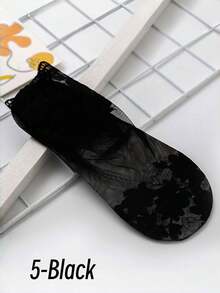 1/5/10 双薄蕾丝边女式船袜，玫瑰花朵图案时尚长袜，春夏季 - 彩色 - 查看 5