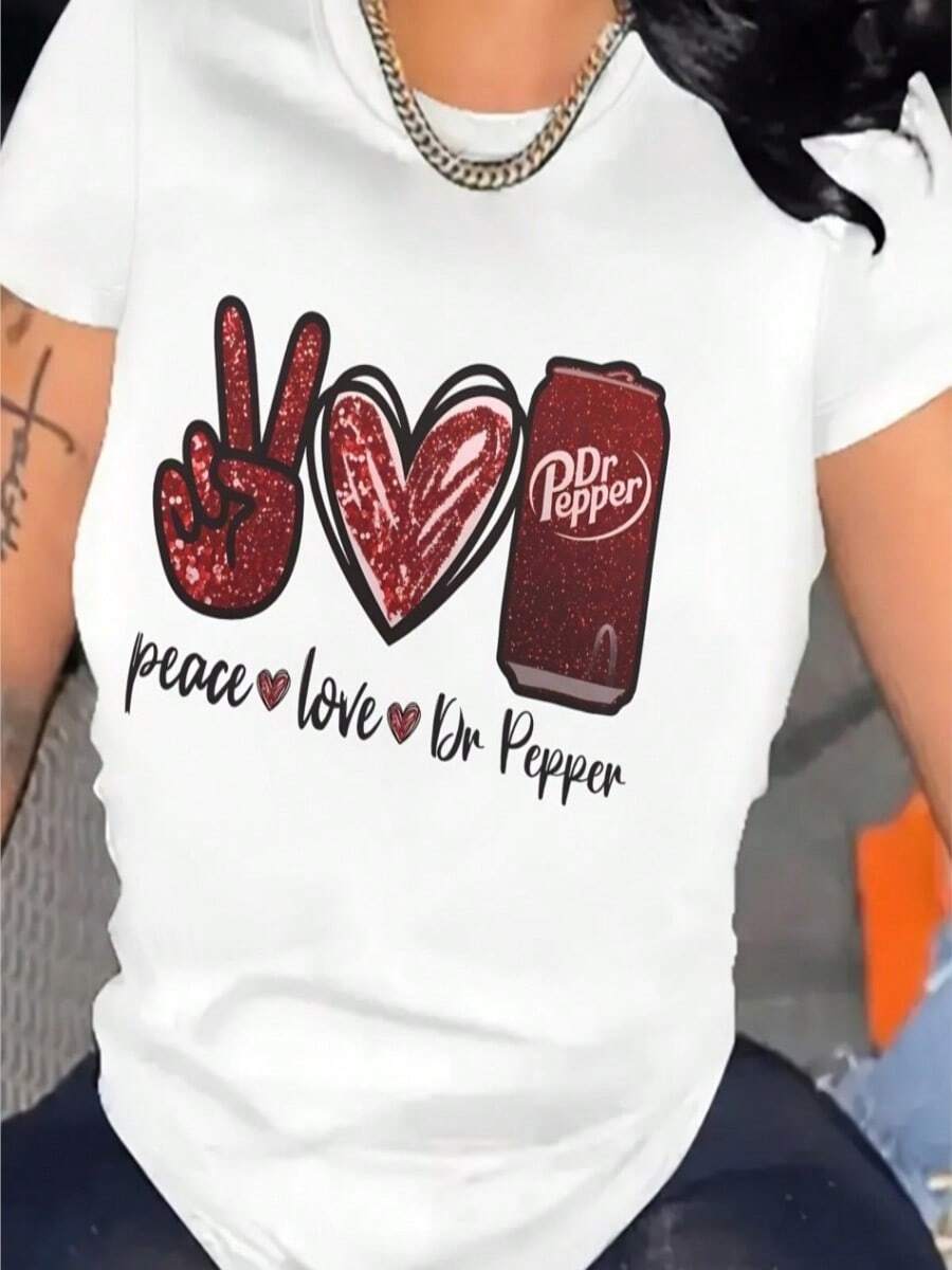 Womens Casual Round Neck T-Shirt With Peace Love Dr Peppers Print Short SLeesve Knit Regular Fit Graphic Tee For All Seasons - 白色 - 查看 1