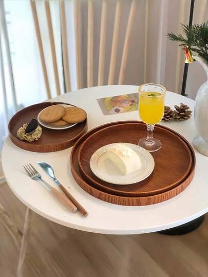 1件复古蛋糕架木质托盘，家用茶碟，咖啡厅圆形甜点盘，茶水盛盘