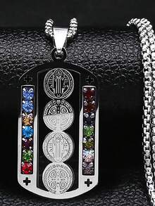 1 pieza Collar de acero inoxidable con cruz católica clásica de Jesús, colgante de cristal de San Benito y Virgen María, crucifijo, joyería para hombre, Cruz - collar de acero inoxidable - Ver 6