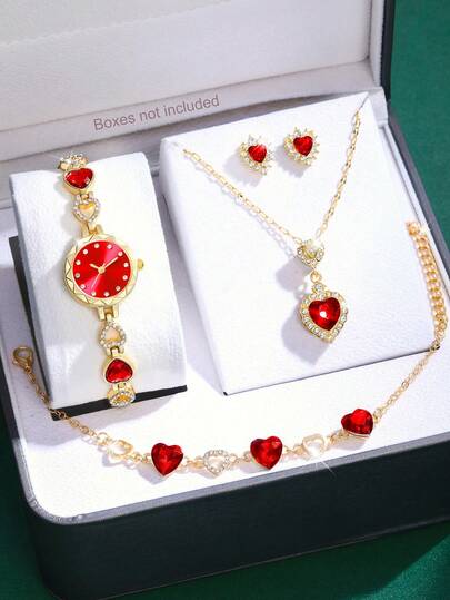 1 Set Women's Casual Quartz Watch With Rhinestone-Encrusted Dial, Matching Heart-Shaped Necklace, Earrings, Ring And Bracelet Jewelry Set, Suitable For Daily Wear, Birthday Gift, Party, Holiday Gathering, Ideal Gift For Yourself Or Friends. No Packaging Box Included.