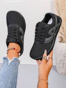 1 Par de Tênis Esportivos Casuais de Bico Largo para Mulheres, Design de Antepé Largo em Preto e Cinza, Adequado para Esportes ao Ar Livre, Caminhada e Tênis, Lavável em Máquina, Estilo Esportivo