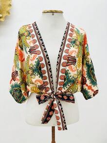 KISTYLE Crepe Blouse With Batwing Sleeves And Tie - 橘色 - 查看 1