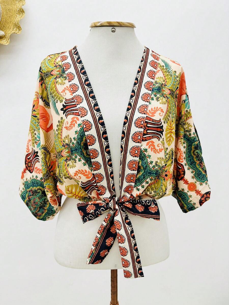 KISTYLE Crepe Blouse With Batwing Sleeves And Tie - 橘色 - 查看 1