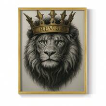 1pc Restickable Framed Lion Of Judah Art Print, Wood Frame, Biblical Inspired Regal Animal Wall Decor With Gold Crown & Scripture Accent, Spiritual Artwork For Living Room, Office, Or Prayer Room, Made In USA, Ready To Hang Art Prints - 金色 - 查看 1