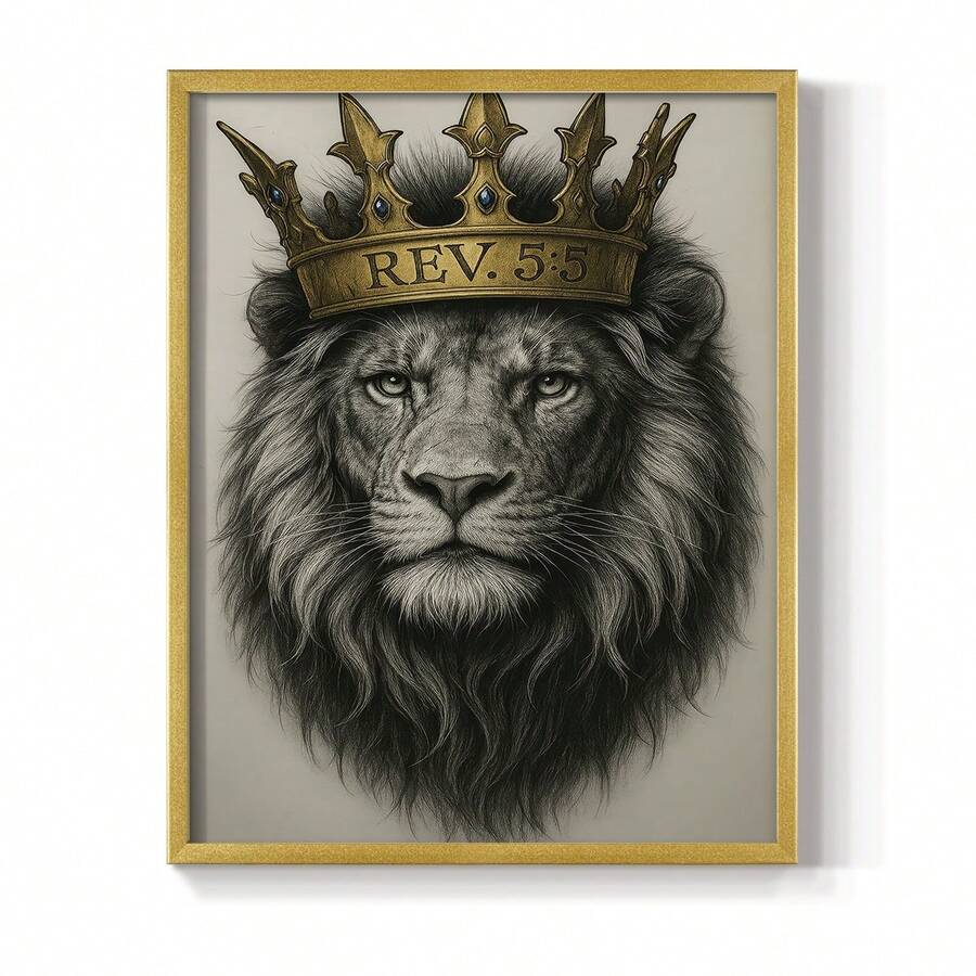1pc Restickable Framed Lion Of Judah Art Print, Wood Frame, Biblical Inspired Regal Animal Wall Decor With Gold Crown & Scripture Accent, Spiritual Artwork For Living Room, Office, Or Prayer Room, Made In USA, Ready To Hang Art Prints - 金色 - 查看 1