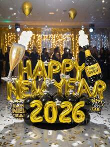 65pcs/Set HAPPY NEW YEAR 2026 Gold New Year Party Decorations, 16" Gold Letter Foil Balloon Banner, Giant Champagne Bottle & Glass Balloons, 18" Black & Gold Star/Round Celebration Balloons, 10" Black Latex Balloons, 5" Silver Star Balloons, For Christmas, New Year's Eve, New Year Celebration Decor, Room Decoration, Singles Party - 彩色 - 查看 6