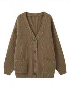 Las mujeres de cuello en V estilo perezoso chaqueta de punto, botón simple japonesa jersey otoño e invierno casual suéter de punto suelto