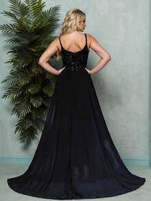 Glamours A Line Long Black Gown Spaghetti Style Sequin Evening Prom Dress - Black - View 2