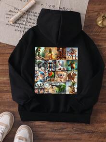 Tween-Jungen 1 Stück Lässig Bedruckter Pullover Sweatshirt, warm thermisch gefüttert, Langarm, Herbst/Winter, Schüler/Jugend Kleidung - Spaßiger und bunter Sweatshirt um die Fantasie anzuregen - Schwarz - Übersicht 3