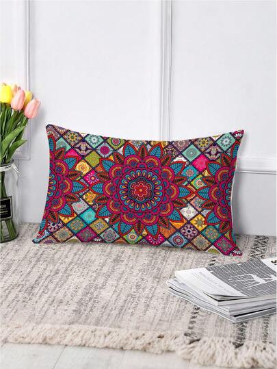 1件波西米亚风彩色深色几何图案和向日葵印花抱枕套，100%涤纶材质，单面印花，不含枕芯，家居装饰，适用于户外露台、花园、卧室、客厅
