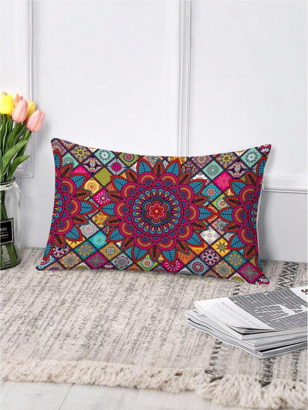 1pc Bohemian Style Colorful Dark Geometric Pattern & Sunflower Print Throw Pillow Cover, 100% Polyester Lumbar Pillow, Single-Sided Printing, Pillow Insert Not Included, Home Decor, Suitable For Outdoor Patio, Garden, Bedroom, Living Room