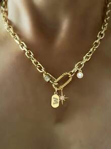 STYLEVER 1 件金色 A-Z 首字母项链，螺丝双扣链，单锆石八角形吊坠链，恶魔眼珍珠链，不锈钢链，万圣节和圣诞节礼物，适合女性 - 金黃色 - 查看 12