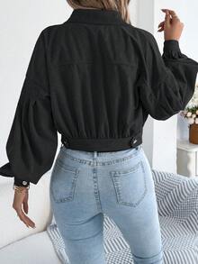 Casual Personalized Street Lantern Sleeve Corduroy Long Sleeve Short Jacket, Spring/Autumn - Black - View 2
