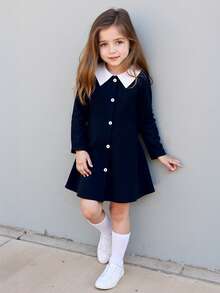 Elegante y dulce vestido de otoño para niñas, vestido de línea A de manga larga con cuello Peter Pan y bloques de color para niñas jóvenes - Azul Marino - Ver 2