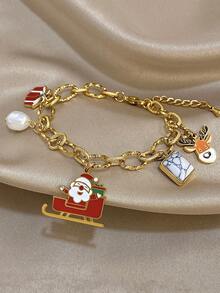 2 Stücke/1 Stück 18 Karat vergoldetes Edelstahl-Set mit Weihnachtsanhänger und Armband für Damen, süßer Weihnachtsmann-Rentierbaum, Weihnachtsgeschenk, Party-Geschenk, Muttergeschenk, Weihnachts- und Erntedankgeschenk, Schmuckgeschenk zum Jahrestag, Valentinstag, Boho-Schmuck, Alltagsparty