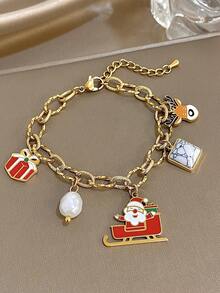 2 Stücke/1 Stück 18 Karat vergoldetes Edelstahl-Set mit Weihnachtsanhänger und Armband für Damen, süßer Weihnachtsmann-Rentierbaum, Weihnachtsgeschenk, Party-Geschenk, Muttergeschenk, Weihnachts- und Erntedankgeschenk, Schmuckgeschenk zum Jahrestag, Valentinstag, Boho-Schmuck, Alltagsparty