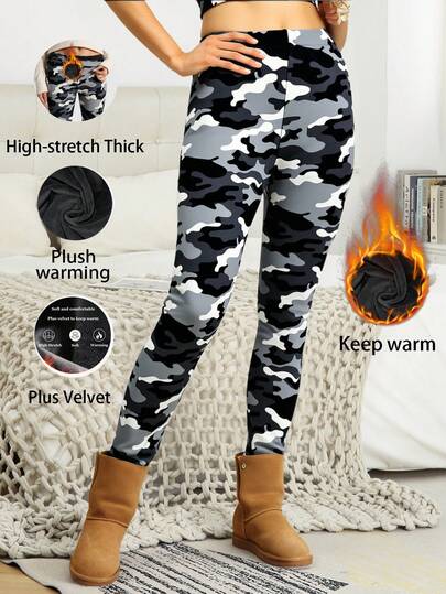 1 حزمة سراويل ضيقة مبطنة بالحرارة ذات طبعة كاموفلاج أبيض وأسود للنساء، مرنة للغاية، ناعمة ومريحة للارتداء في المنزل والرياضة والخارج والتسوق والسفر والعمل في الشتاء