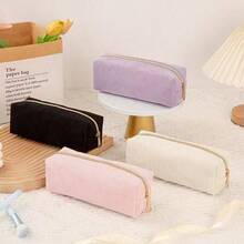 1pc High-Quality Corduroy Pencil Case - Spacious Polyester Supply With Zipper Closure, Mixed Colors White & Golden-Tone Zipper Pulls, Stylish Minimalist Design For Students & Professionals, Professional Organizer, Student Stationery Storage, Textured Fabric,Back To School,Pencil Pouch,School Bag