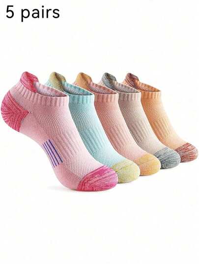 5 Pairs Of Girls Summer Lightweight Sport Socks, Breathable Sweat Absorbing Antibacterial Knitted Cushioned Short Ankle Socks For Sports And Couples, Gym, Fall