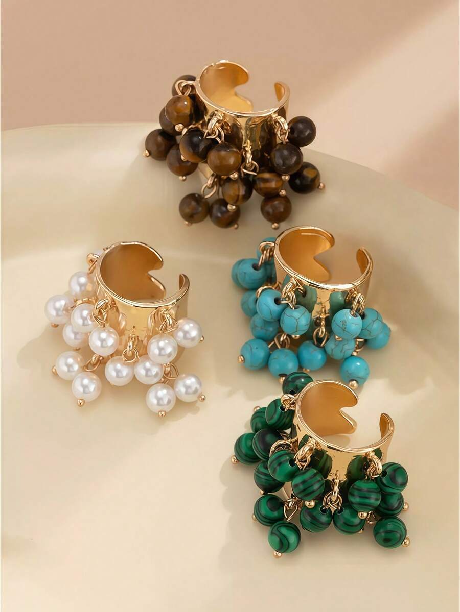 1pc Metal Material Multi Faux Pearl, Turquoise, Amber Decor Open Ring Pendant, Suitable For Women Wear On Various Occasions