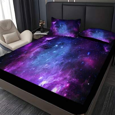 3pcs Purple Galaxy Space Star Nebula Print Bedding Set, Soft Breathable Mattress Protector, Holiday & Daily Gift Bedcover, Purple Galaxy Space Star Nebula Print Bedsheet, Cartoon Bedding Set, Home Holiday & Daily Decor, Fits Twin/Full/Queen/King Bed, Bedroom/Guest Room (1*Fitted Sheet + 2*Pillowcases, Mattress Not Included), Independent Bed Linen Gift, Machine Washable