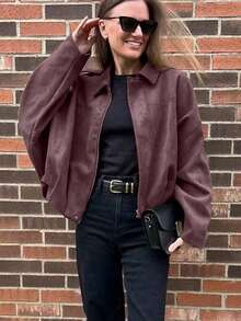 Women's Bomber Jacket, Spring Coat, Loose Long Sleeve Zipper Retro Jacket, New Style Jacket, Green Outerwear - Burgundy - View 3