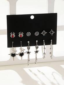 Bộ 6 đôi khuyên tai đính đá phong cách Gothic hình dơi, đầu lâu, ngôi sao, hoa hướng dương, thánh giá, rìu, đầu lâu, mặt trăng, bông tuyết, phụ kiện Giáng sinh thời trang và đa năng - Nhiều màu-b - Xem 16
