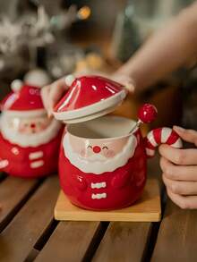 1 件圣诞老人陶瓷杯，高品质家用咖啡杯，创意圣诞杯带手柄和盖子，实用礼品杯，适合女性、朋友、办公室、家庭、机场、客厅，红色 - 彩色 - 查看 5