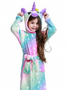 独角兽连帽浴袍，适合女孩、儿童和幼儿 - 温暖毛绒浴袍、幼儿浴袍、舒适睡衣、冬季家居服、生日和圣诞礼物 - 彩色 - 查看 4