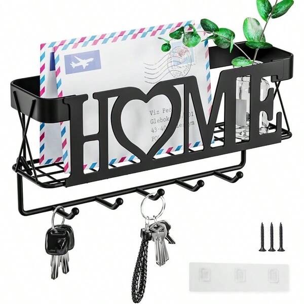New Arrival Key Holder For Wall Key Rack With 5 Key Hooks 11.02" L*2.75" W*4.92" H Key And Mail Organizer Wall Mount With Mesh Basket Key Hanger For Wall Entryway Home Decor Matte Black