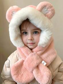 1件儿童可爱猫耳加厚绒耳罩围脖，日常保暖猫爪刺绣针织帽围巾套装